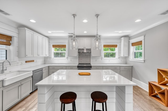 kitchen with stainless steel appliances, gray cabinets, a sink, and under cabinet range hood