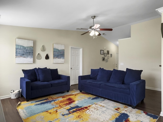 224 Market Hall St, Moncks Corner, SC 29461 - living area featuring vaulted ceiling, wood finished floors, a ceiling fan, and baseboards