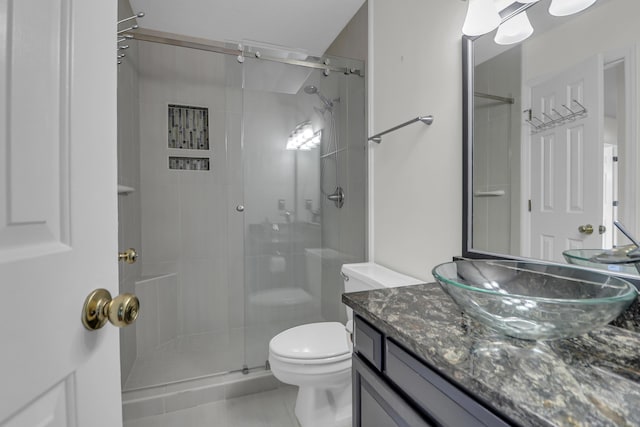 919 Overview Ct, Mount Pleasant, SC 29464 - bathroom with a shower stall, vanity, toilet, and tile patterned floors