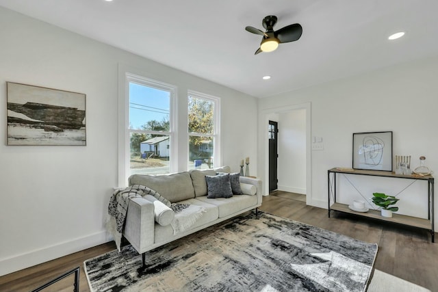 living room with ceiling fan and dark hardwood / wood-style flooring