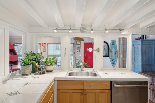 kitchen with stainless steel dishwasher, beam ceiling, and sink