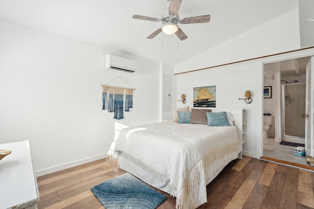 bedroom with lofted ceiling, a wall unit AC, ceiling fan, and wood-type flooring