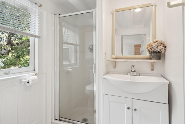 bathroom with an enclosed shower, vanity, and a healthy amount of sunlight