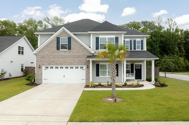 2802 Cavalcade Cir, Johns Island, SC 29455 - view of front of property with concrete driveway, a garage, brick siding, a porch, and a shingled roof