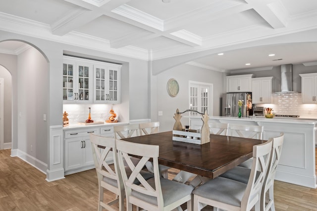 2802 Cavalcade Cir, Johns Island, SC 29455 - dining area with arched walkways, coffered ceiling, beamed ceiling, light wood-style floors, and recessed lighting