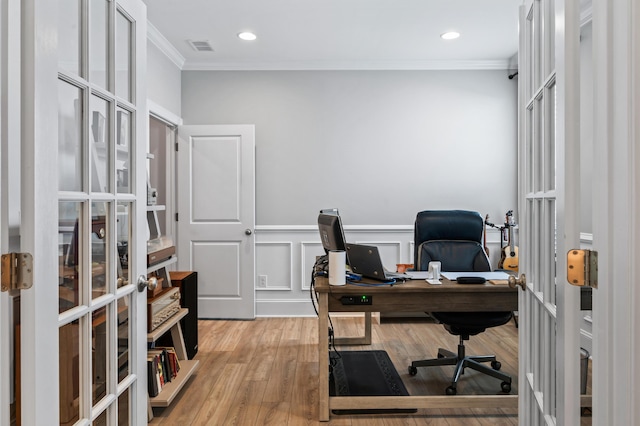 2802 Cavalcade Cir, Johns Island, SC 29455 - office space with crown molding, light wood-style flooring, french doors, wainscoting, and recessed lighting