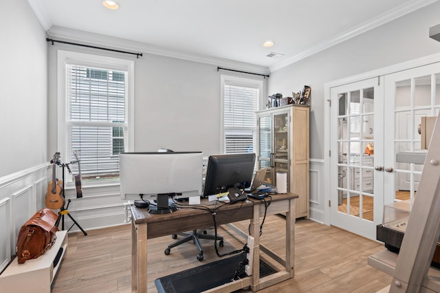 2802 Cavalcade Cir, Johns Island, SC 29455 - office space with ornamental molding, french doors, light wood-style flooring, healthy amount of natural light, and wainscoting