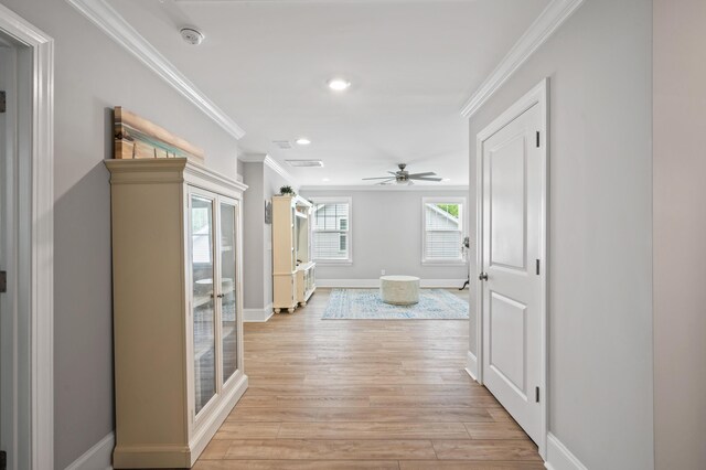 2802 Cavalcade Cir, Johns Island, SC 29455 - hall with ornamental molding, light wood-style floors, recessed lighting, and baseboards
