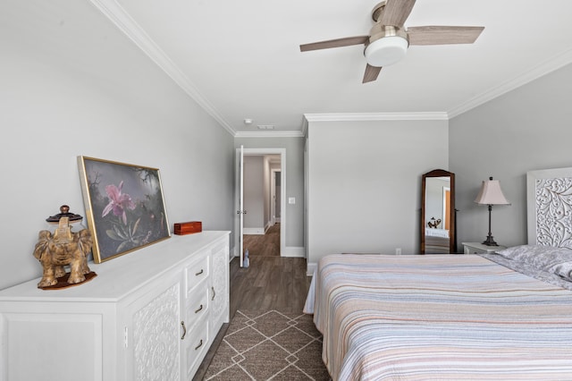 2802 Cavalcade Cir, Johns Island, SC 29455 - bedroom with crown molding, dark wood finished floors, baseboards, and a ceiling fan