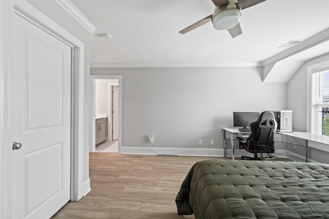 2802 Cavalcade Cir, Johns Island, SC 29455 - bedroom with crown molding, light wood-type flooring, a desk, baseboards, and ceiling fan