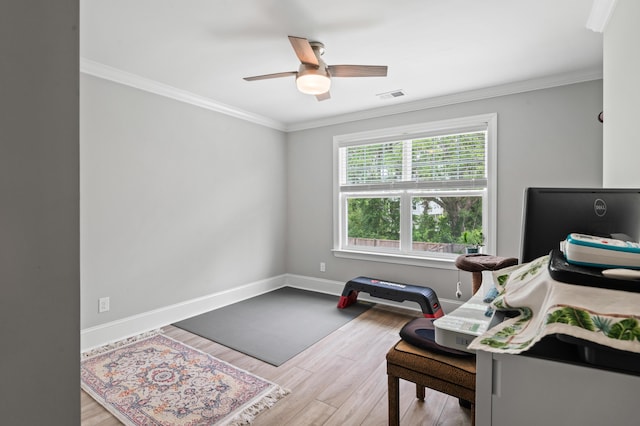 2802 Cavalcade Cir, Johns Island, SC 29455 - workout room featuring wood finished floors, ceiling fan, ornamental molding, and baseboards