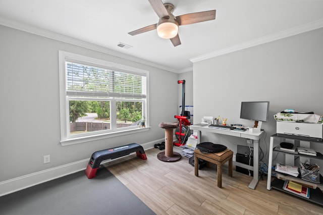 2802 Cavalcade Cir, Johns Island, SC 29455 - office featuring ceiling fan, crown molding, wood finished floors, and baseboards