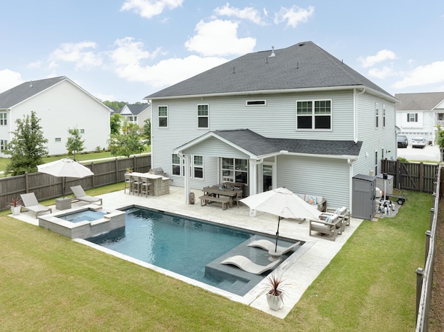 2802 Cavalcade Cir, Johns Island, SC 29455 - back of house with an outdoor hangout area, a patio area, a pool with connected hot tub, roof with shingles, and outdoor dining area