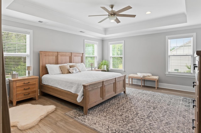 2802 Cavalcade Cir, Johns Island, SC 29455 - bedroom with a tray ceiling, crown molding, wood finished floors, multiple windows, and a ceiling fan