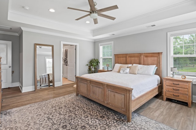 2802 Cavalcade Cir, Johns Island, SC 29455 - bedroom featuring multiple windows, light wood-type flooring, a raised ceiling, crown molding, and recessed lighting