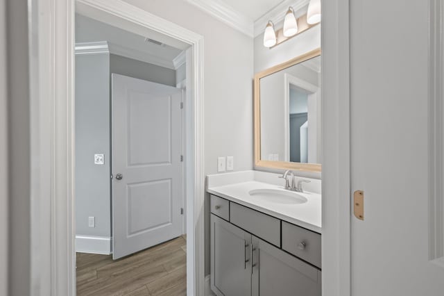 2802 Cavalcade Cir, Johns Island, SC 29455 - bathroom with wood finished floors, ornamental molding, and vanity