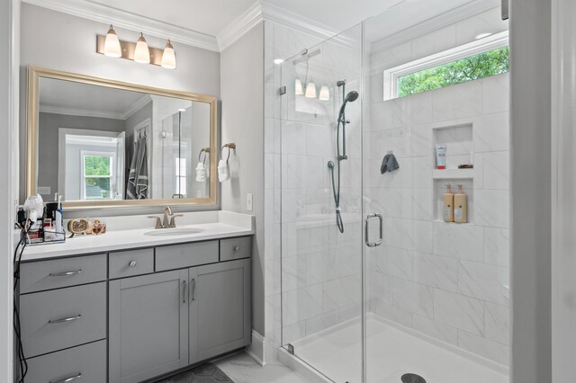 2802 Cavalcade Cir, Johns Island, SC 29455 - full bath with a stall shower, vanity, ornamental molding, and marble finish flooring