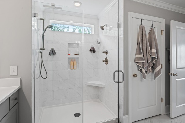 2802 Cavalcade Cir, Johns Island, SC 29455 - bathroom featuring crown molding, a shower stall, vanity, and marble finish floors