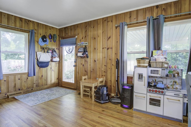 interior space with wood walls, light wood-style flooring, and ornamental molding