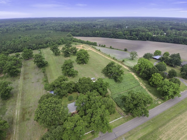 drone / aerial view featuring a view of trees and a rural view