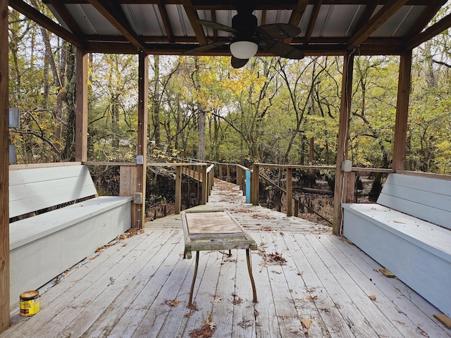 3695 Cannon Rd, Round O, SC 29474 - wooden terrace with ceiling fan and a wooded view