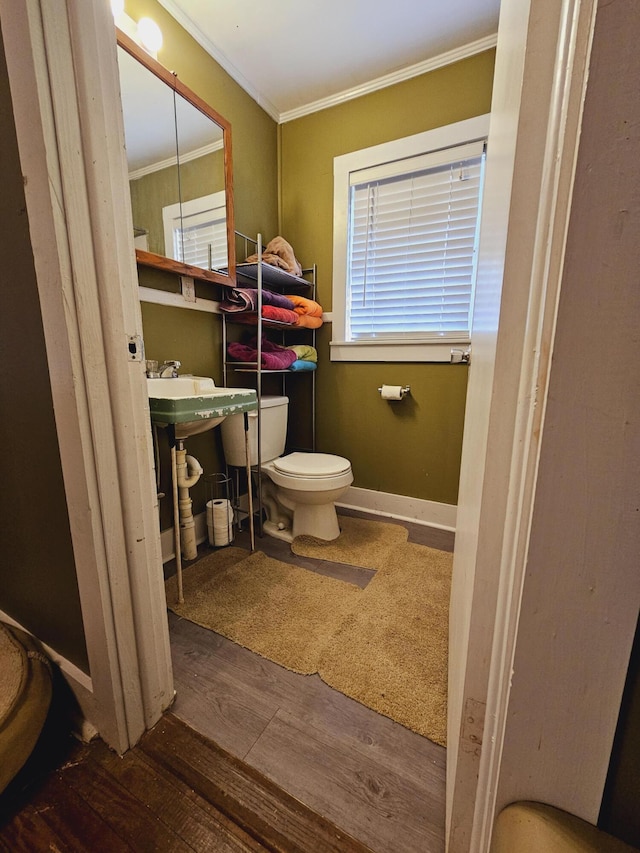 3695 Cannon Rd, Round O, SC 29474 - half bathroom featuring toilet, hardwood / wood-style floors, baseboards, and crown molding
