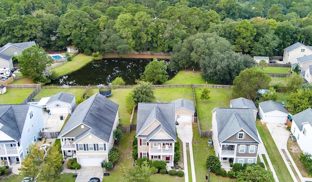 drone / aerial view with a water view