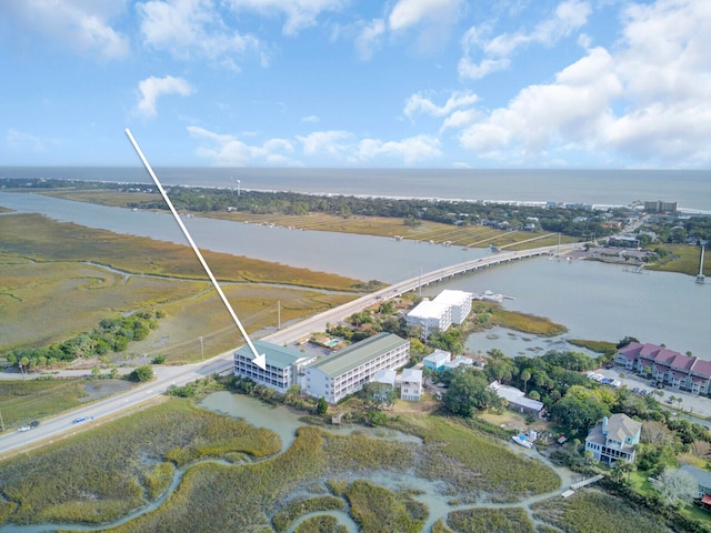 drone / aerial view featuring a water view