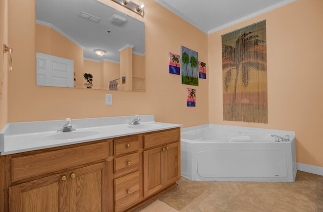 bathroom featuring tile patterned flooring, vanity, a tub to relax in, and crown molding