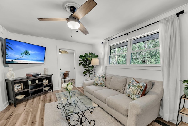living area with ceiling fan, light wood finished floors, and baseboards
