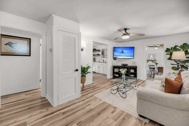 living room featuring ceiling fan, light wood finished floors, baseboards, and ornamental molding