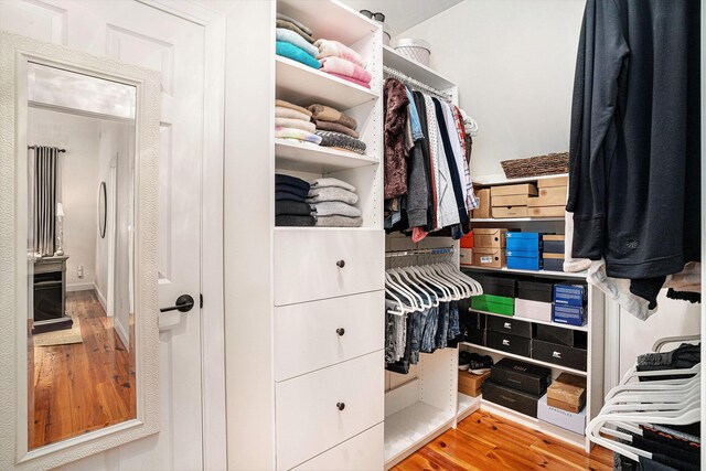 walk in closet with wood-type flooring