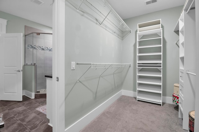 walk in closet with radiator and carpet flooring