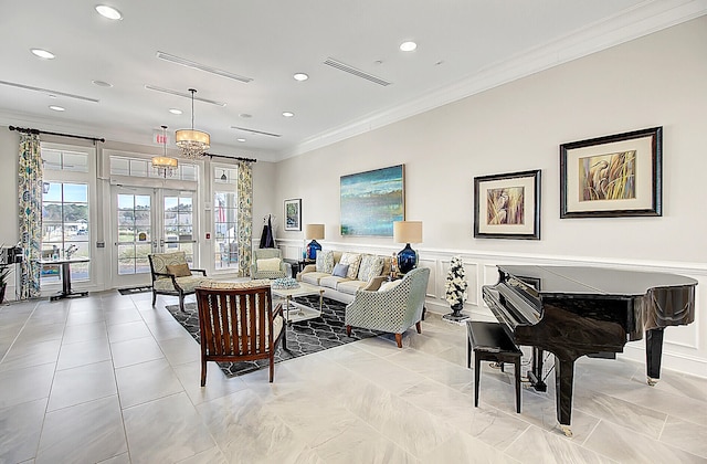 living room featuring french doors and ornamental molding