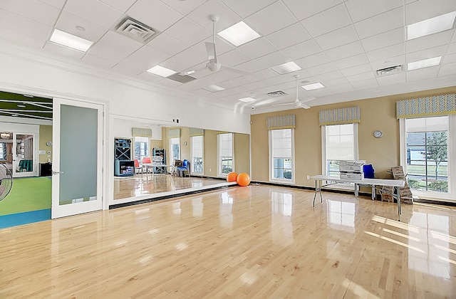 exercise room with light hardwood / wood-style flooring and a drop ceiling