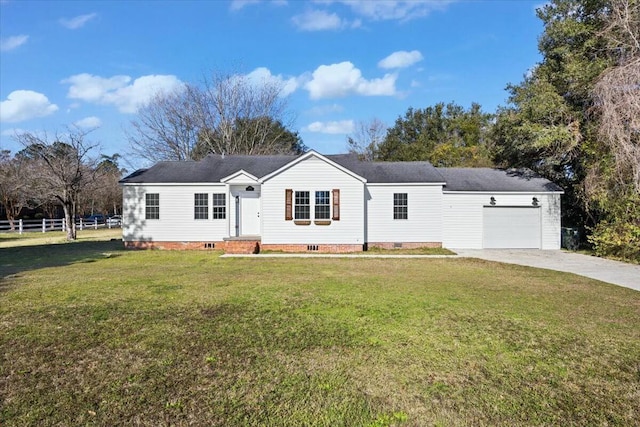 ranch-style house with a garage, a front lawn, fence, concrete driveway, and crawl space