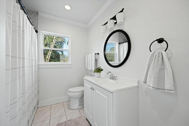 bathroom featuring vanity, a shower with curtain, baseboards, ornamental molding, and toilet