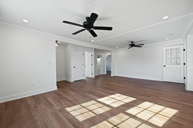 unfurnished living room featuring baseboards, ceiling fan, and wood finished floors