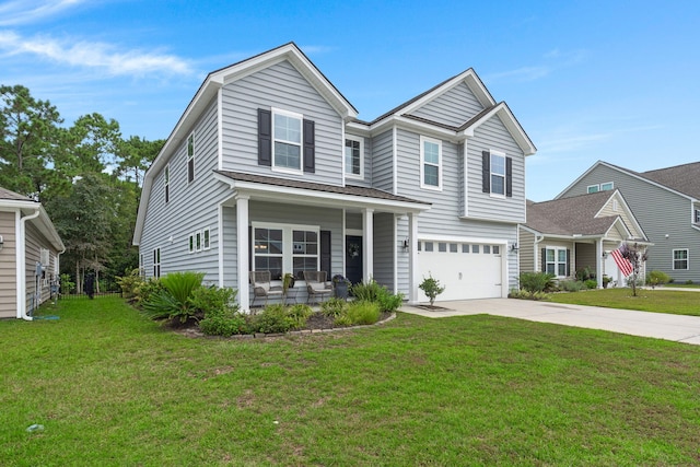 view of front facade featuring a porch, a garage, and a front yard