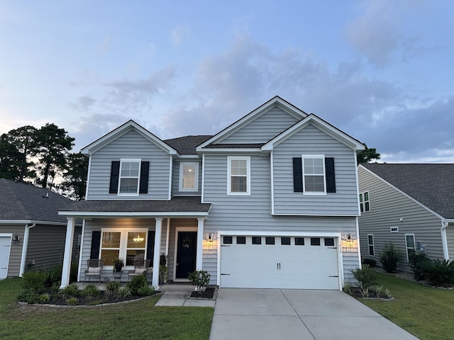 view of front of property with covered porch, a garage, and a front yard