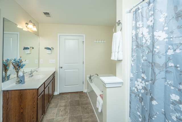 bathroom with vanity and a shower with shower curtain