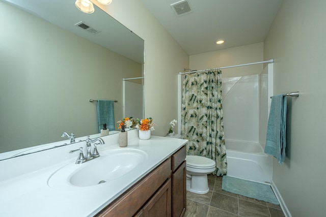 full bathroom with vanity, toilet, and shower / tub combo with curtain