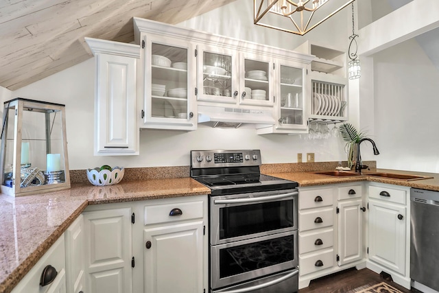 kitchen with white cabinetry, sink, hanging light fixtures, stainless steel appliances, and light stone counters