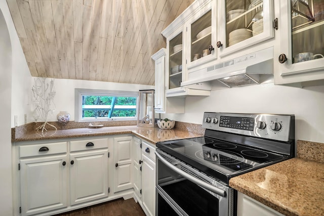 kitchen with white cabinetry, dark wood-type flooring, vaulted ceiling, electric stove, and wood ceiling