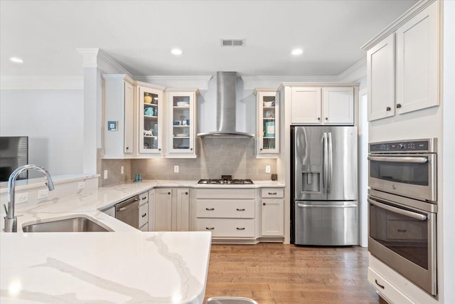 3751 Copahee Sound Dr, Mount Pleasant, SC 29466 - kitchen featuring stainless steel appliances, wall chimney exhaust hood, a sink, ornamental molding, and light stone counters