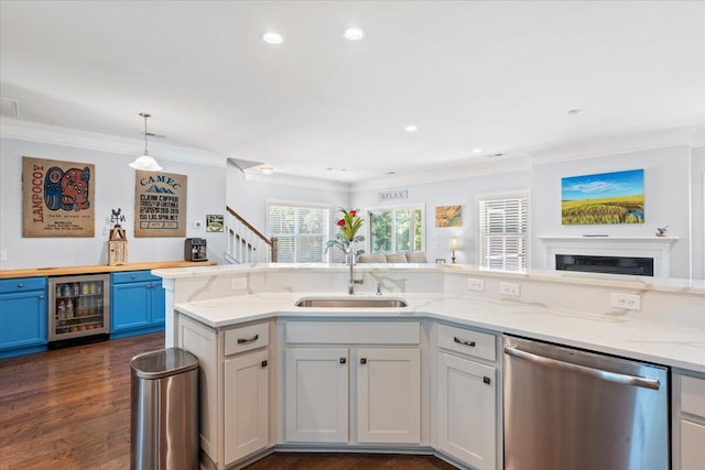 3751 Copahee Sound Dr, Mount Pleasant, SC 29466 - kitchen with stainless steel dishwasher, beverage cooler, a sink, ornamental molding, and open floor plan