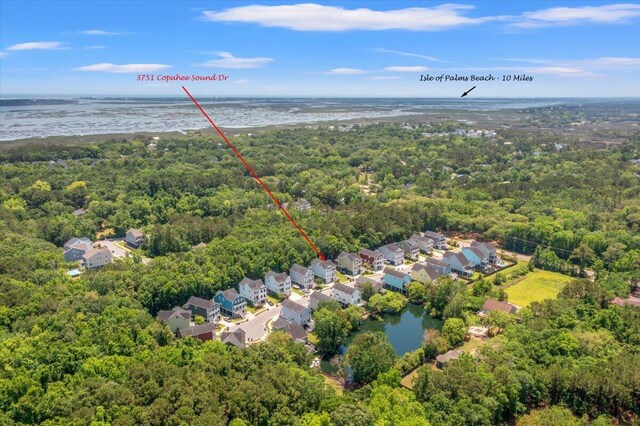 3751 Copahee Sound Dr, Mount Pleasant, SC 29466 - aerial perspective of suburban area with a heavily wooded area and a large body of water