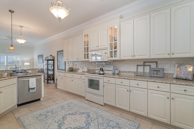 265 Venice Way Unit 1-201, Myrtle Beach, SC 29577 - kitchen featuring decorative light fixtures, tasteful backsplash, white cabinets, light tile patterned floors, and white appliances
