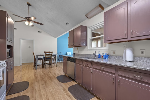 171 N Main St, Ridgeville, SC 29472 - kitchen featuring a sink, stainless steel dishwasher, ceiling fan, vaulted ceiling, and light wood-style flooring