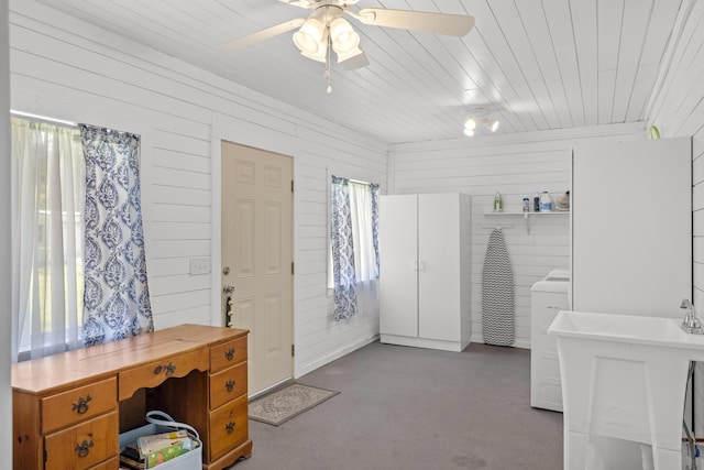 171 N Main St, Ridgeville, SC 29472 - interior space with wooden ceiling, ceiling fan, and wooden walls